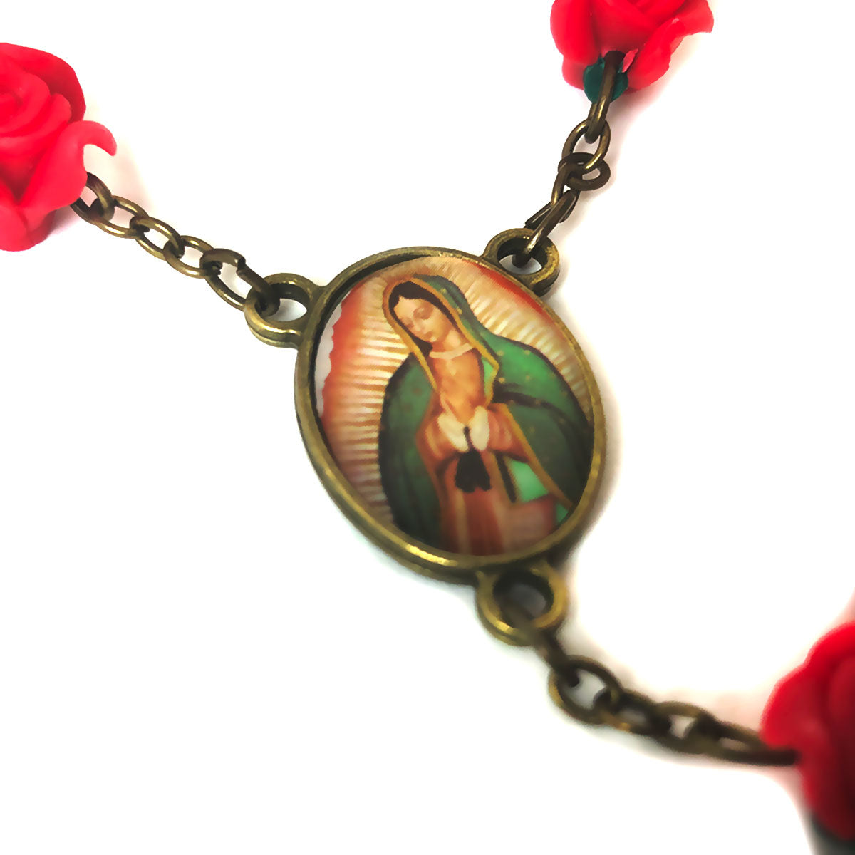 Our Lady of Guadalupe Red Rose Garden Rosary in Antique Bronze Finish with Velvet Rosary Pouch - Deluxe Boxed
