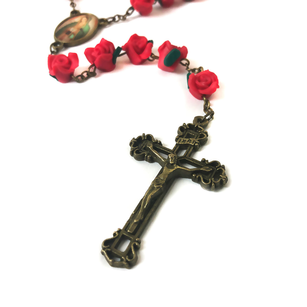 Our Lady of Guadalupe Red Rose Garden Rosary in Antique Bronze Finish with Velvet Rosary Pouch - Deluxe Boxed