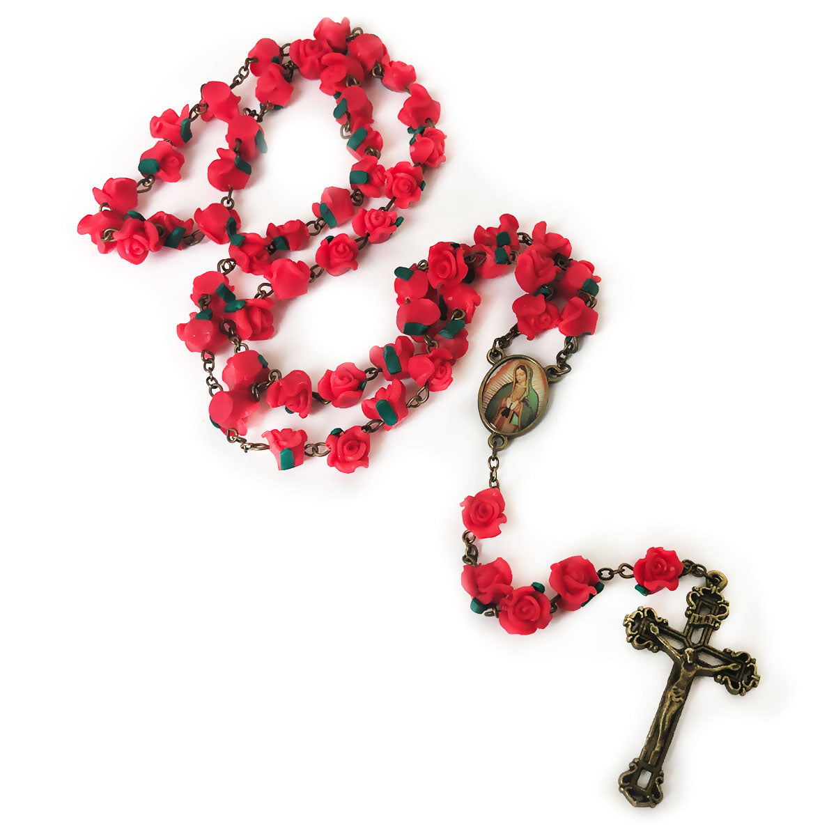 Our Lady of Guadalupe Red Rose Garden Rosary in Antique Bronze Finish with Velvet Rosary Pouch - Deluxe Boxed