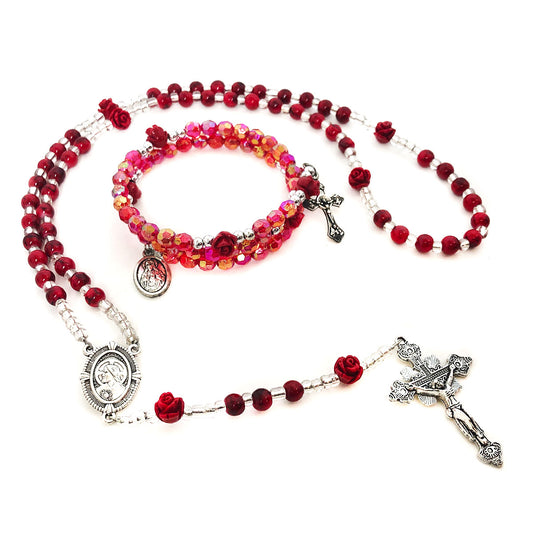 Sacred Heart of Jesus Red Rose Rosary and Rosary Bracelet Set by Catholic Heirlooms