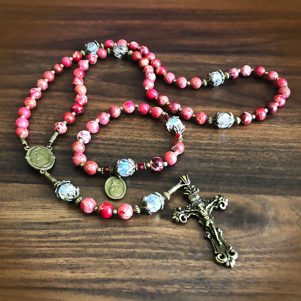 Sacred Heart of Jesus Stone and Crystal Rosary and Bracelet Deluxe Boxed Set by Catholic Heirlooms