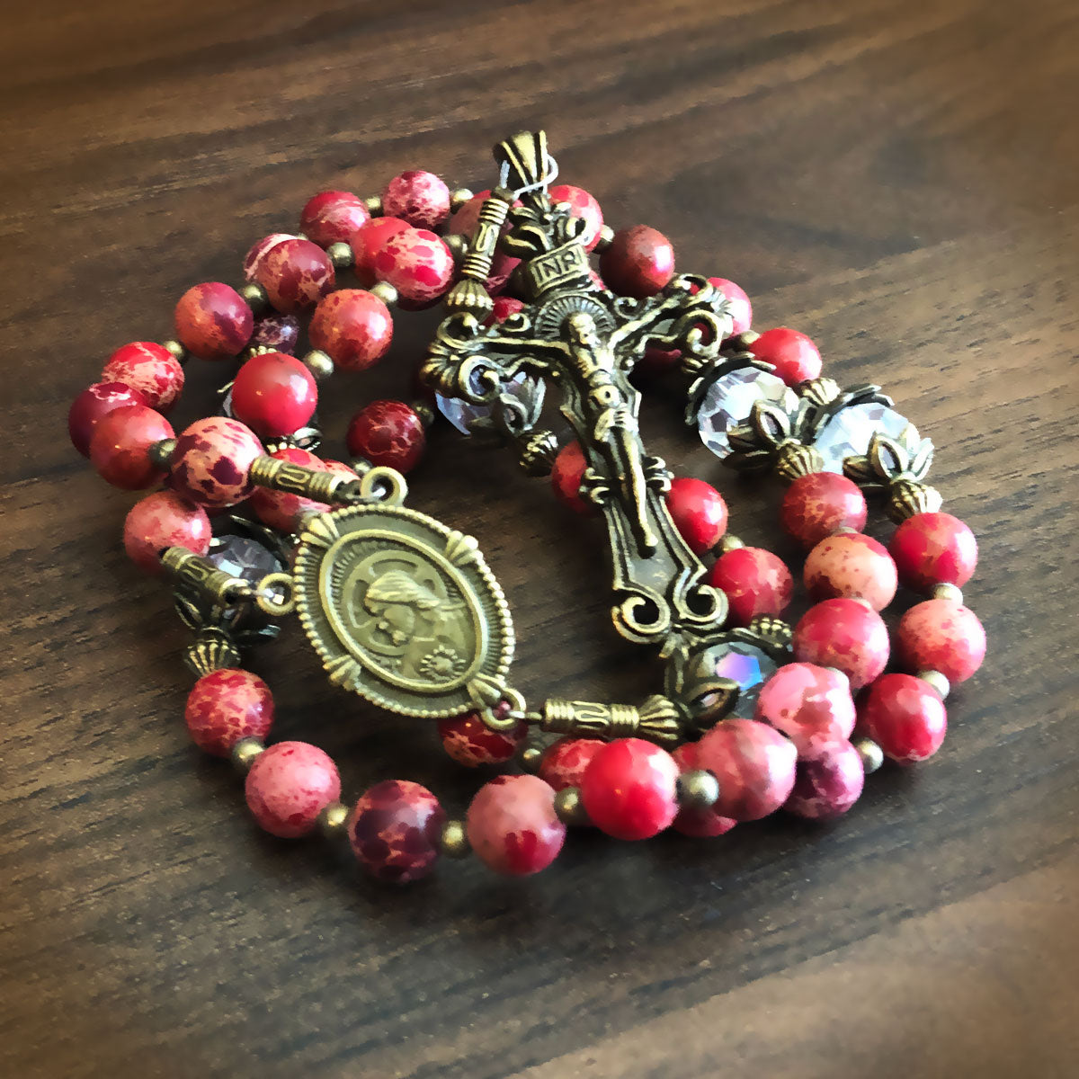 Sacred Heart of Jesus Stone and Crystal Rosary and Bracelet Deluxe Boxed Set by Catholic Heirlooms