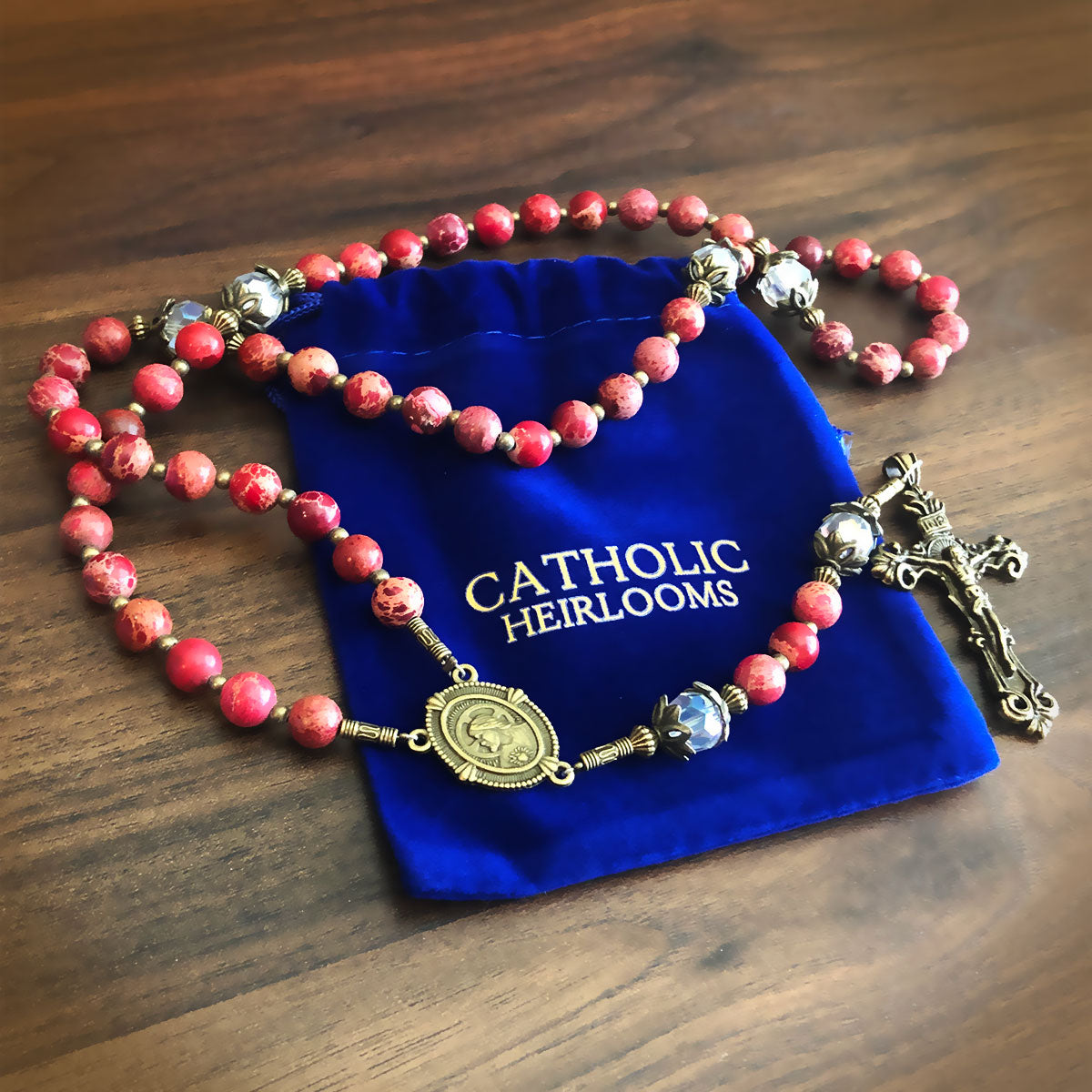 Sacred Heart of Jesus Stone and Crystal Rosary and Bracelet Deluxe Boxed Set by Catholic Heirlooms