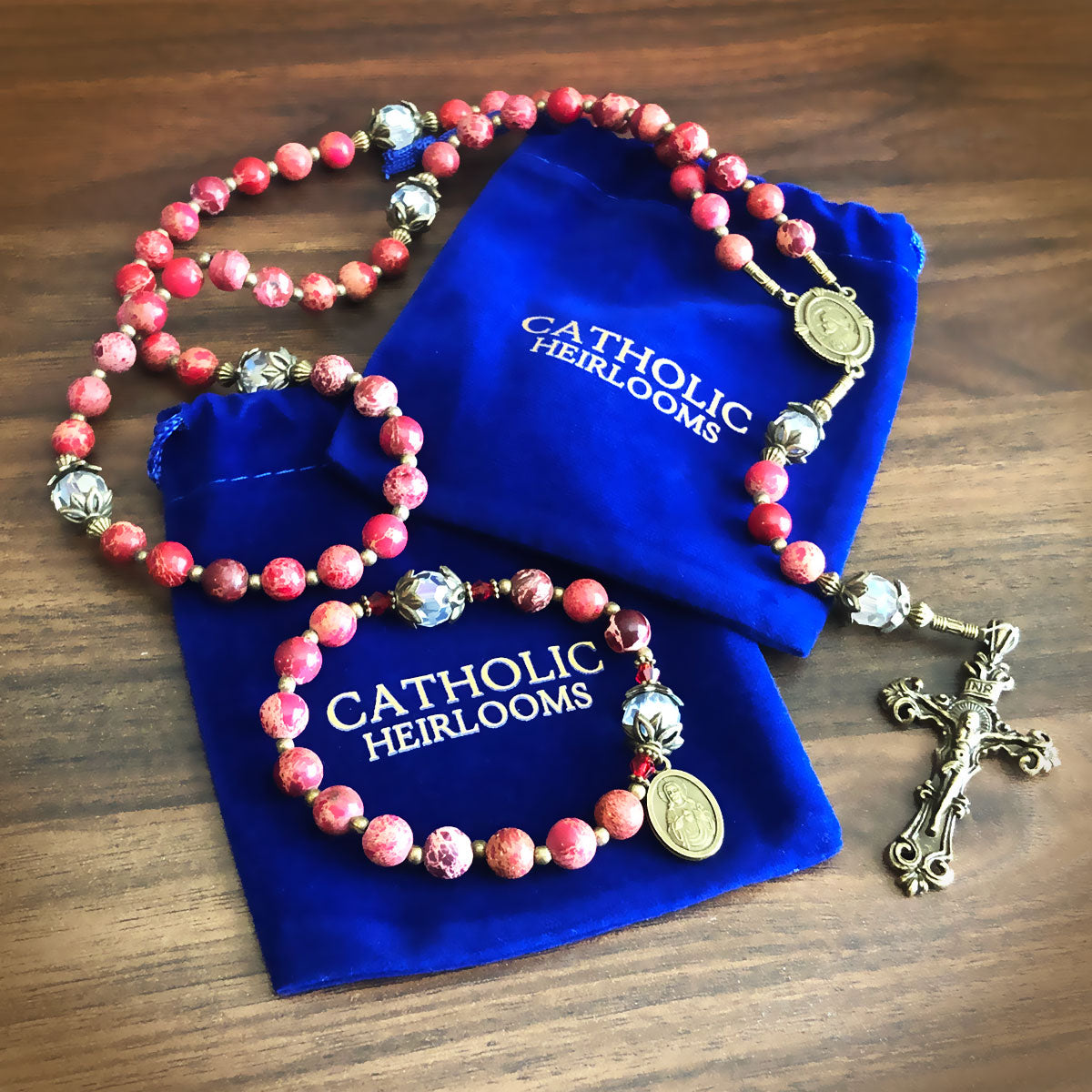 Sacred Heart of Jesus Stone and Crystal Rosary and Bracelet Deluxe Boxed Set by Catholic Heirlooms