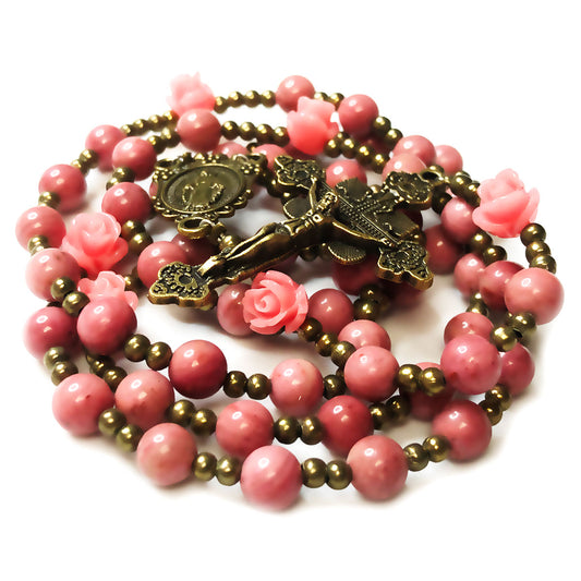 Miraculous Medal Pink Rhodonite Stone Pink Rose Rosary