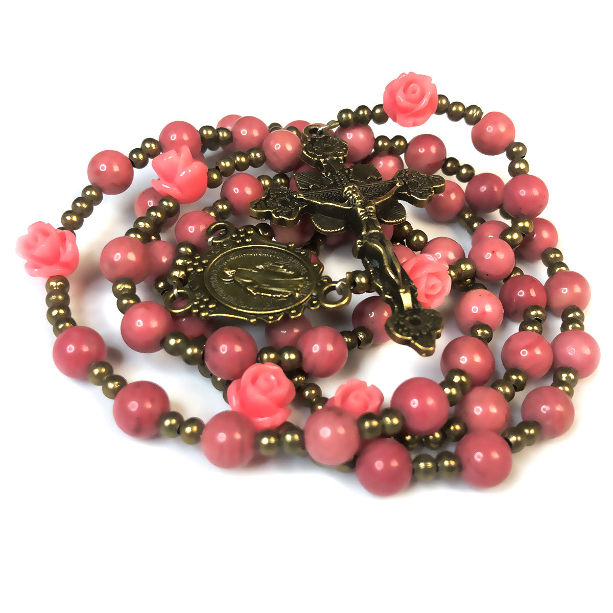 Miraculous Medal Pink Rhodonite Stone Pink Rose Rosary
