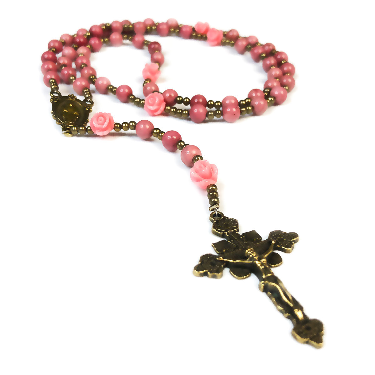 Miraculous Medal Pink Rhodonite Stone Pink Rose Rosary