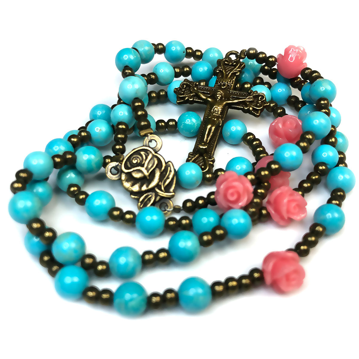 Catholic Heirlooms Our Lady Of Lourdes Turquoise Stone Pink Rose Rosary