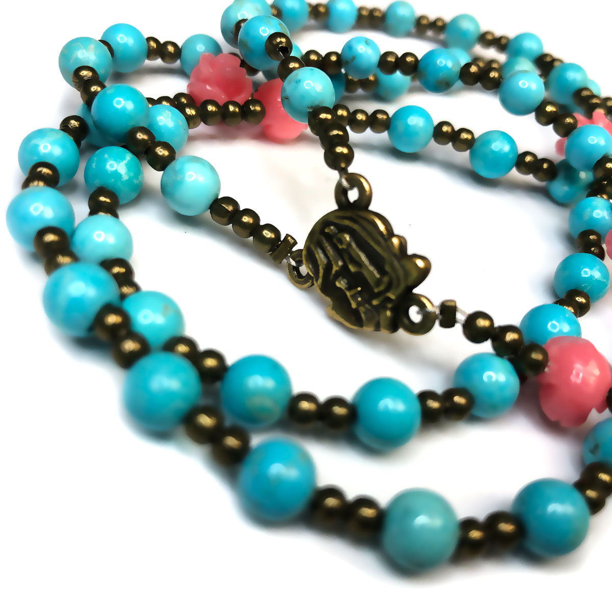 Catholic Heirlooms Our Lady Of Lourdes Turquoise Stone Pink Rose Rosary