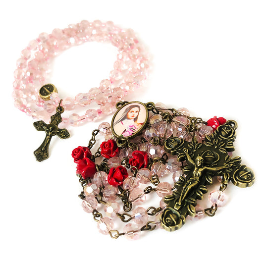 St. Therese the Little Flower Pink Crystal Red Rose Rosary and Bracelet Set by Catholic Heirlooms