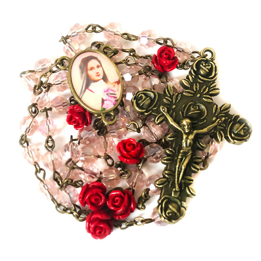 St. Therese the Little Flower Pink Crystal Red Rose Rosary and Bracelet Set by Catholic Heirlooms