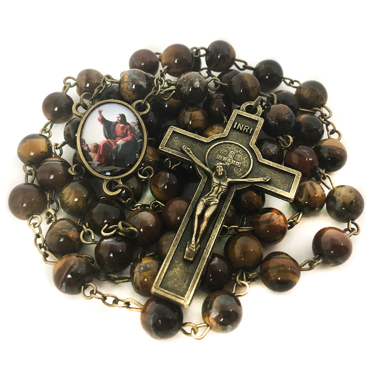 Tiger's Eye Stone Jesus Sermon On the Mount Rosary and Rosary Bracelet Set by Catholic Heirlooms