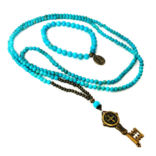 St. Benedict Turquoise Stone Long Pendant Necklace and Bracelet Set by DALIA LORRAINE